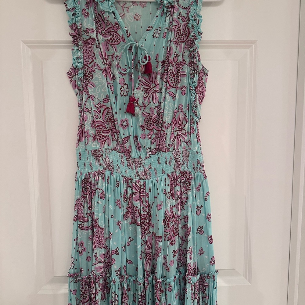 Poupette St. Barth Aqua Midi Dress with Magenta Floral Print
